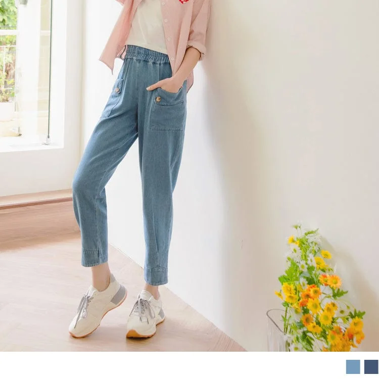 Save on stylish, high-quality clothing for every occasion –  COTTON ELASTIC WAIST PATCHED DENIM LONG PANTS