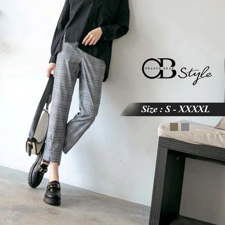 Seasonal sale  CHECKED HIGH WAIST ELASTIC WAIST STRAIGHT PANTS