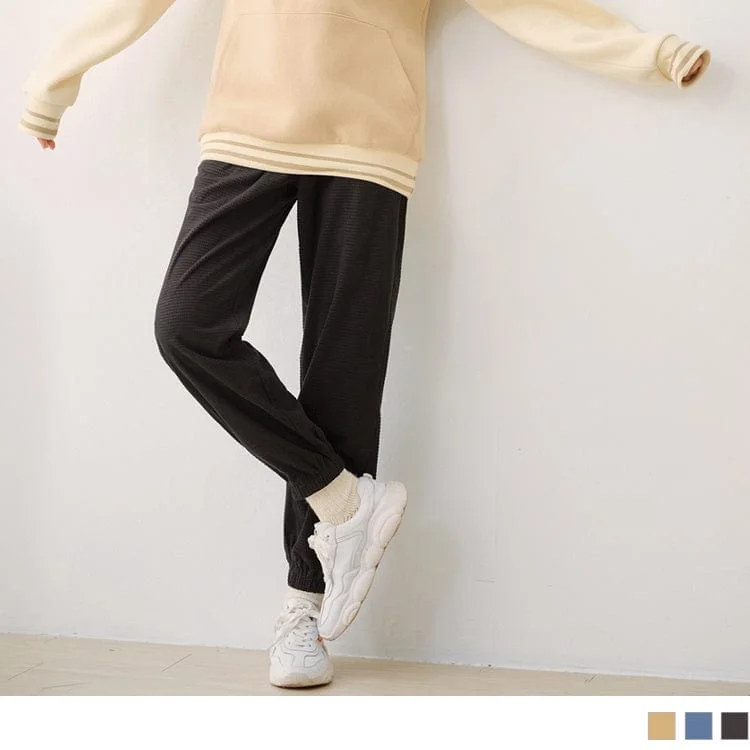 Flash sale alert! Shop fashion-forward clothing at discounted prices.  WAFFLE CHECKED ELASTIC WAIST CASUAL LONG PANTS
