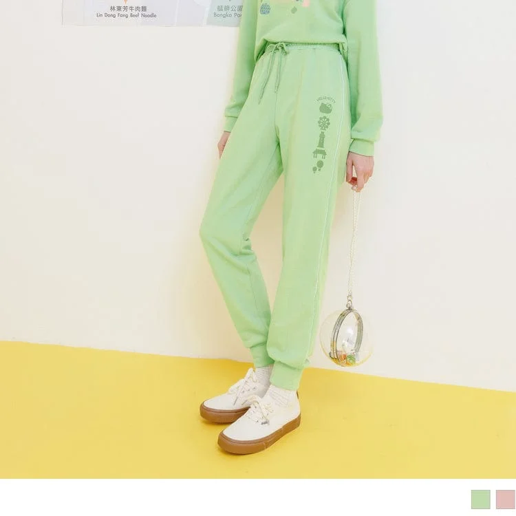 Shop the best fashion at unbeatable prices – Limited time only.  KITTY PRINTED CONTRAST COLOR DRAWSTRING WAIST PANTS