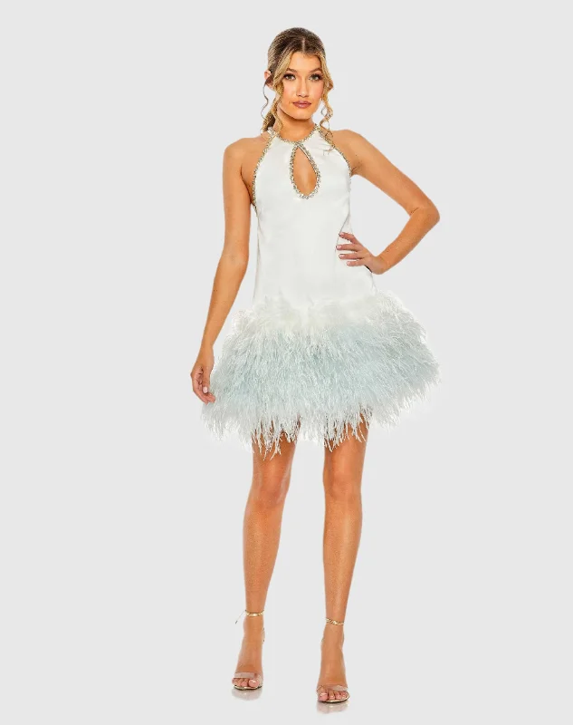 Rhinestone Trim Halter Neck Feather A-Line Dress - FINAL SALE