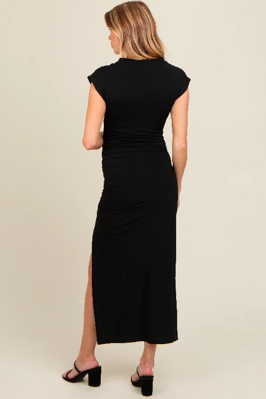 Black Ruched Mock Neck Maternity Slit Midi Dress