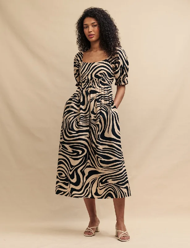 Black Swirl Print Ginger Midi Dress