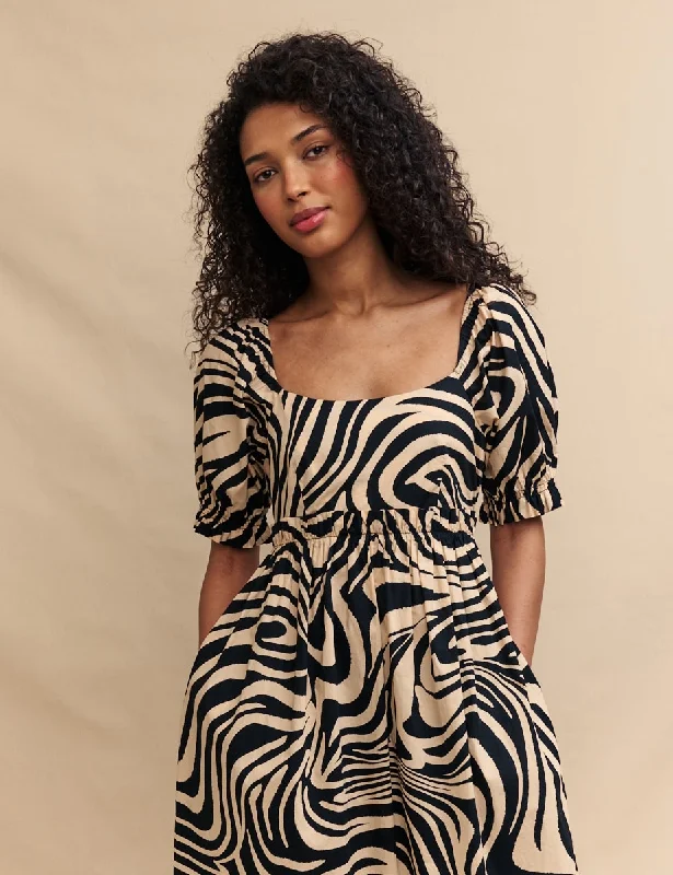 Black Swirl Print Ginger Midi Dress