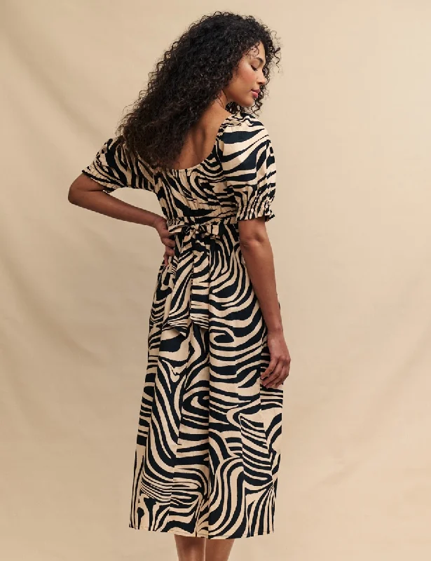 Black Swirl Print Ginger Midi Dress