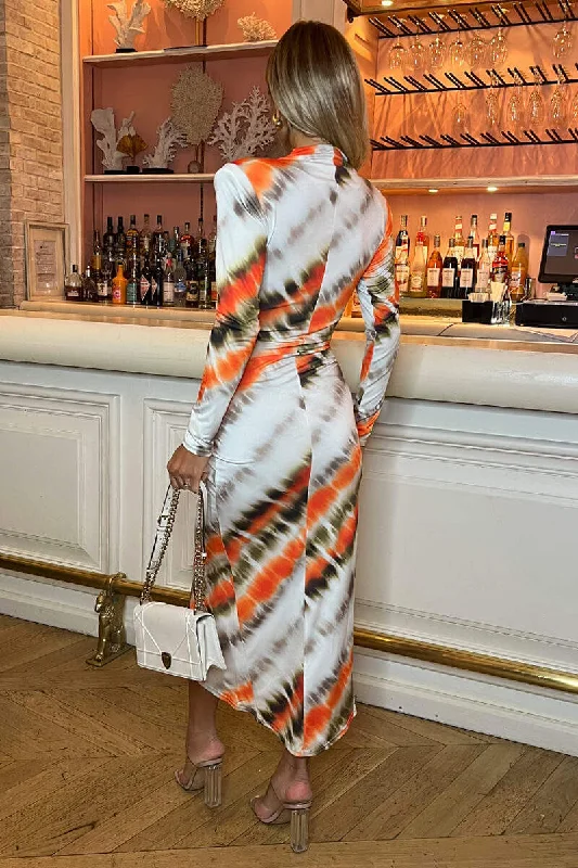 Cream And Orange Abstract Print Long Sleeve Wrap Midi Dress