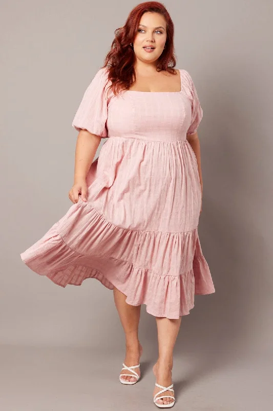 Pink Textured Check Midi Dress