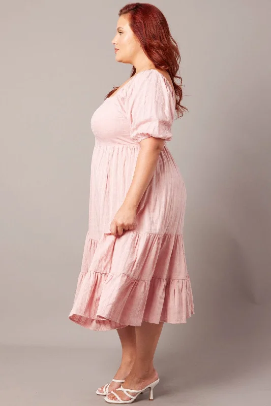 Pink Textured Check Midi Dress