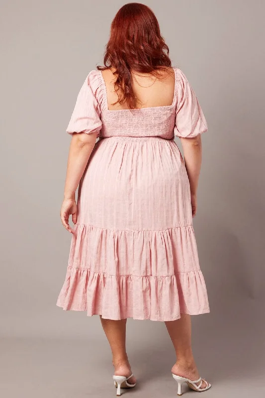 Pink Textured Check Midi Dress