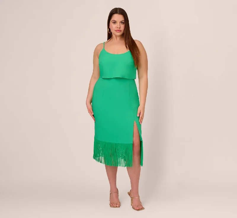 Plus Size Stretch Crepe Popover Midi Dress With Fringe Hem In Summer Green