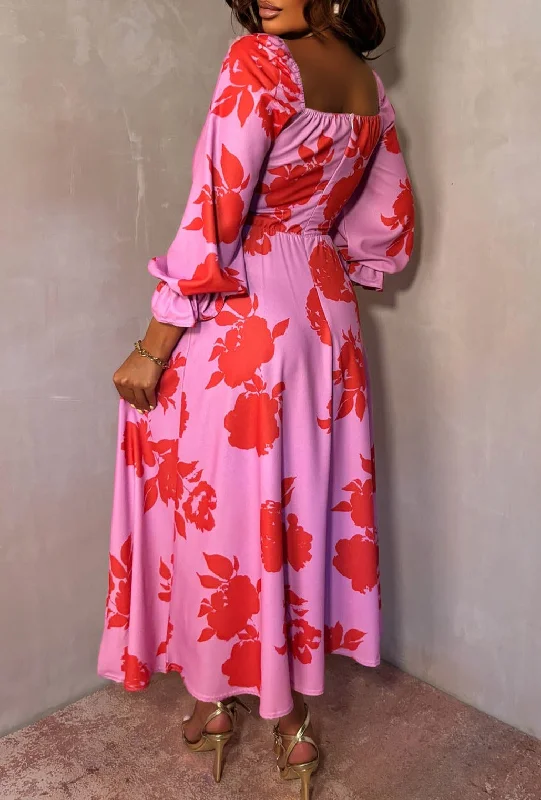 Pretty Vibe Pink Floral Long Sleeve Milkmaid Style Midi Dress