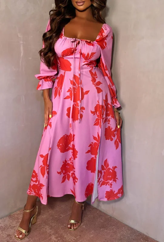 Pretty Vibe Pink Floral Long Sleeve Milkmaid Style Midi Dress