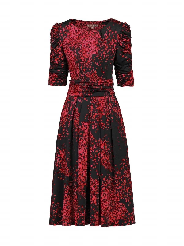 Print Half Sleeve Midi Viscose Dress, Black Pattern