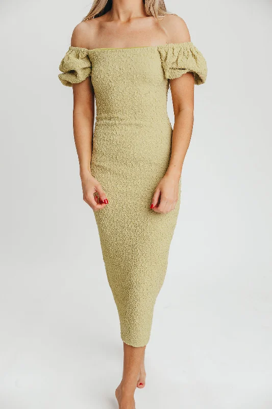 Mila Puffed Sleeve Midi Dress in Lime