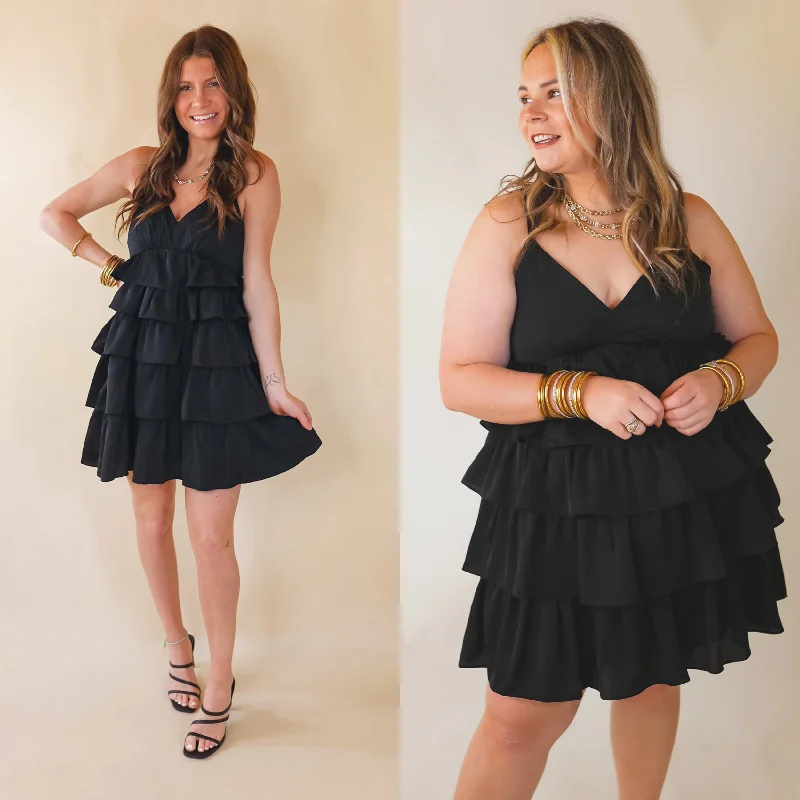 Last Chance Size Medium & Large | Dare to Dance Ruffled Spaghetti Strap Dress in Black