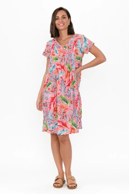 Sabina Pink Leaf Crinkle Cotton Dress