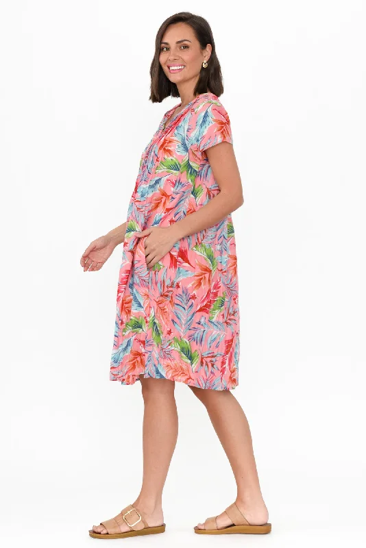 Sabina Pink Leaf Crinkle Cotton Dress