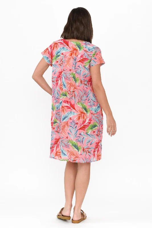 Sabina Pink Leaf Crinkle Cotton Dress