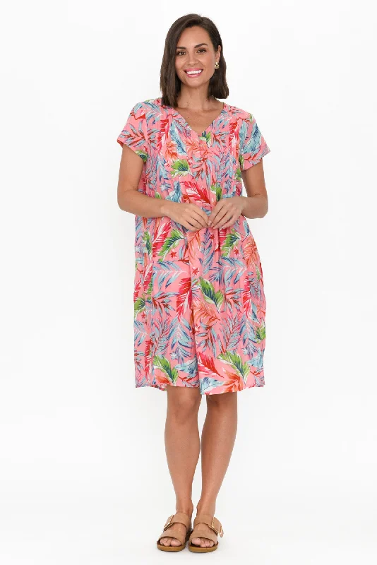 Sabina Pink Leaf Crinkle Cotton Dress