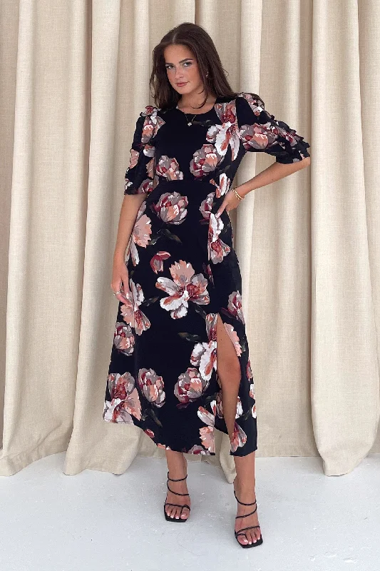 Samira Black Floral Frill Sleeve Midi Dress