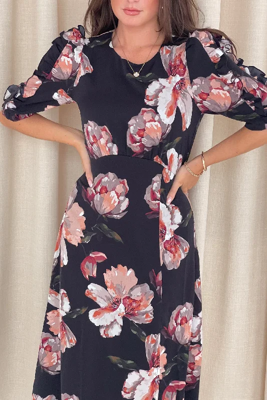 Samira Black Floral Frill Sleeve Midi Dress