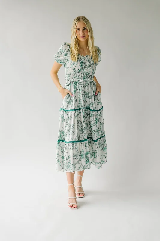 The Jinny Tiered Satin Midi Dress in Botanical Green