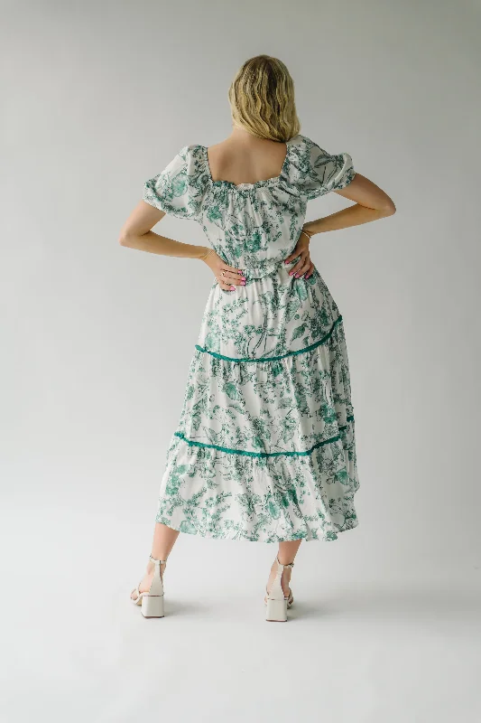 The Jinny Tiered Satin Midi Dress in Botanical Green