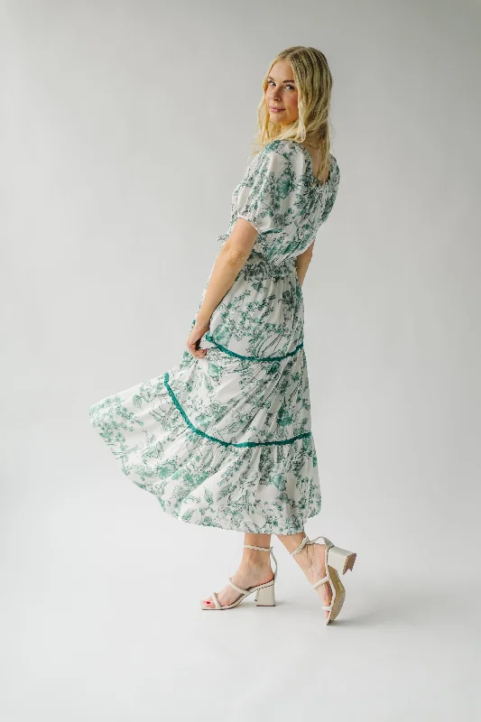 The Jinny Tiered Satin Midi Dress in Botanical Green