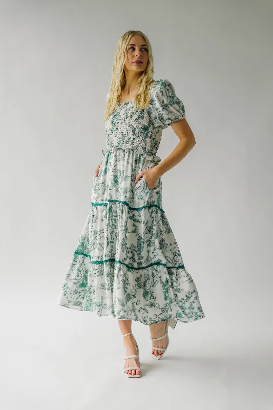 The Jinny Tiered Satin Midi Dress in Botanical Green