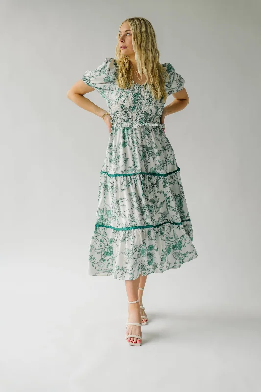 The Jinny Tiered Satin Midi Dress in Botanical Green