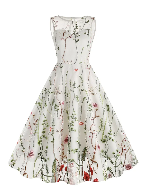 1950s Flower Gauze Sleeveless Swing Dress