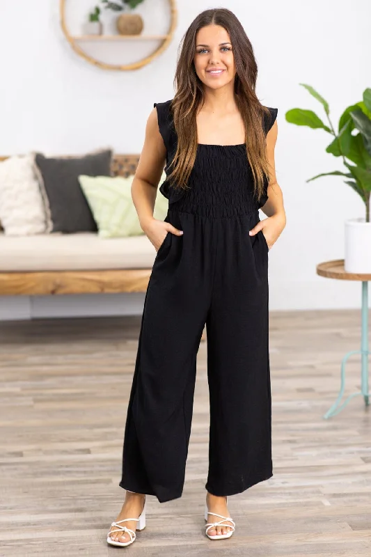 Black Smocked Bodice Ruffle Strap Jumpsuit