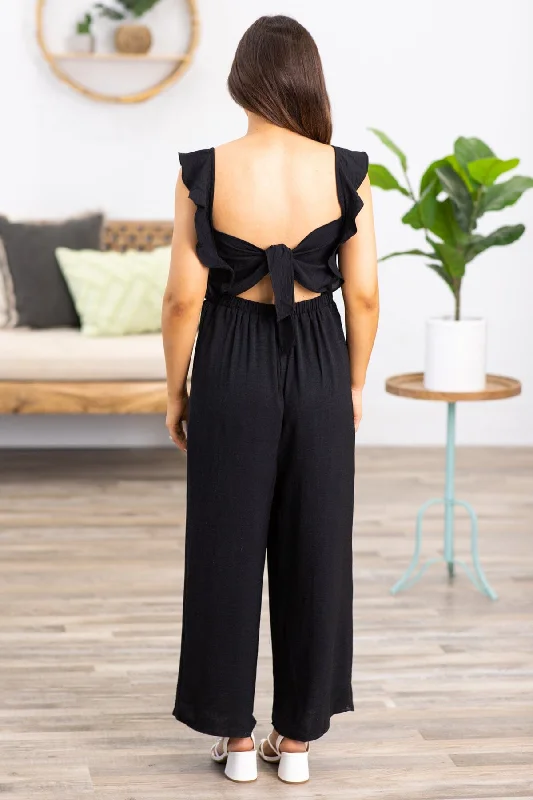 Black Smocked Bodice Ruffle Strap Jumpsuit