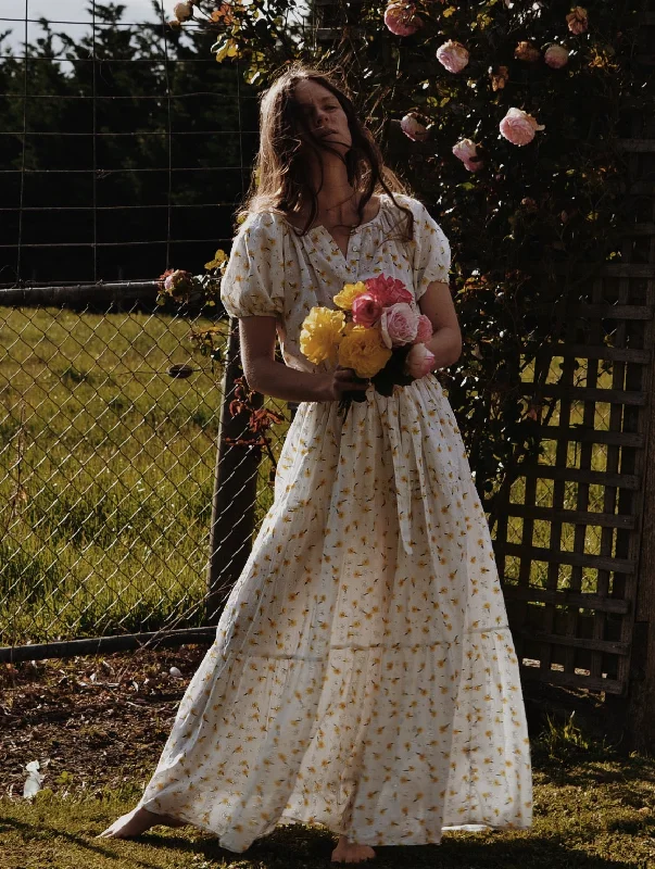 100% RECYCLED COTTON - DELPHINIUM MAXI DRESS WHITE DAISY FLORAL