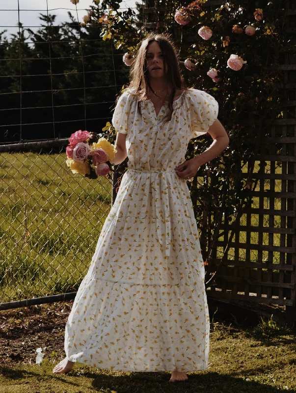 100% RECYCLED COTTON - DELPHINIUM MAXI DRESS WHITE DAISY FLORAL