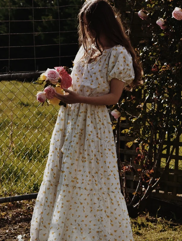 100% RECYCLED COTTON - DELPHINIUM MAXI DRESS WHITE DAISY FLORAL