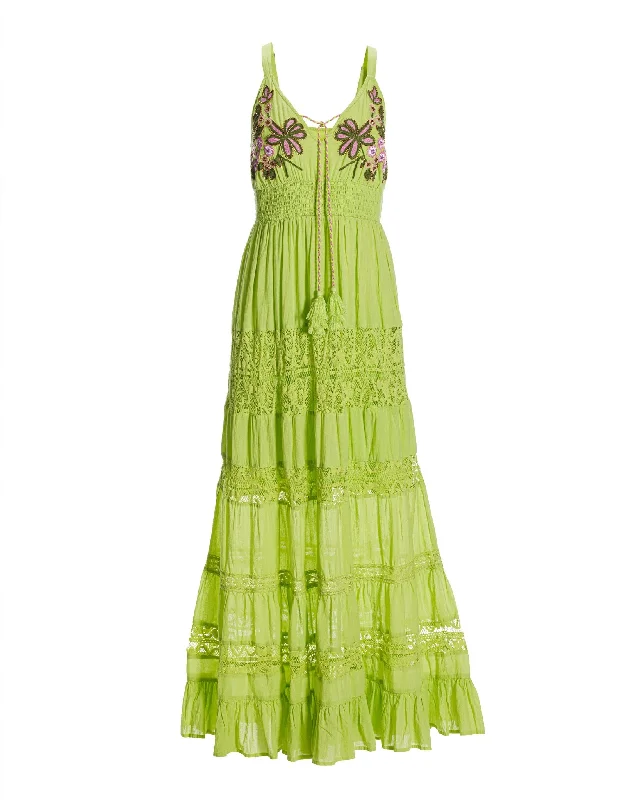 Embroidered Lace Inset Maxi Dress Green Glow