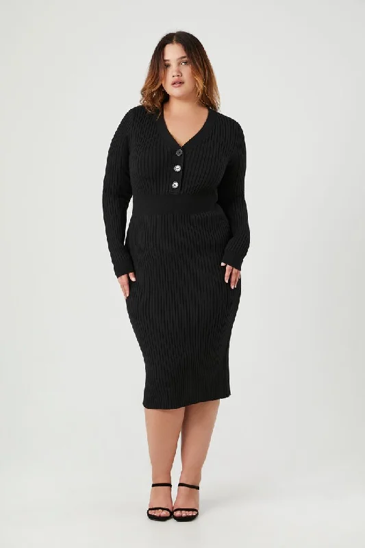 Forever 21 Knit Plus Women's Half-Button Sweater Midi Winter Dress Black