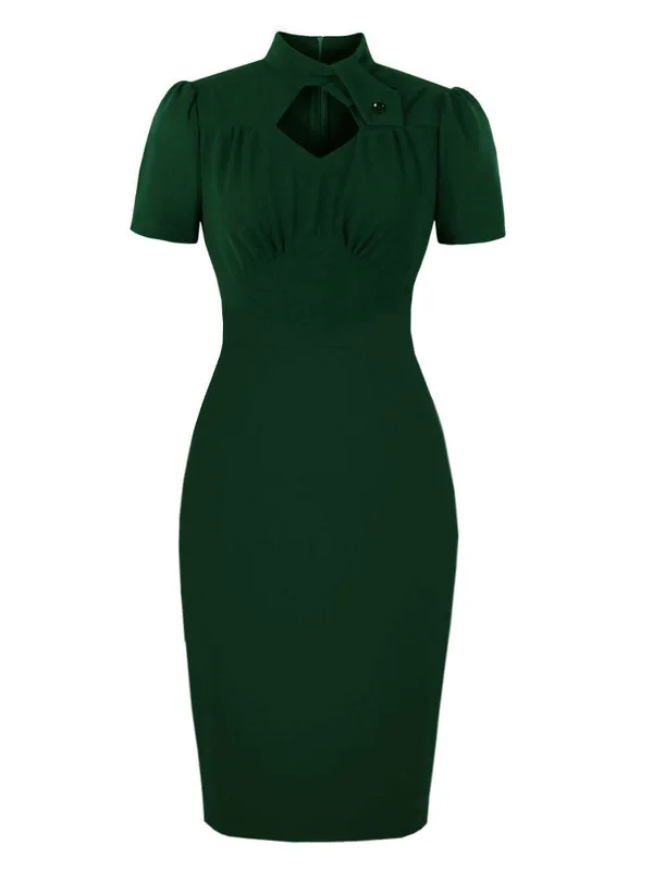 Green 1960s Keyhole Stand Collar Pencil Dress