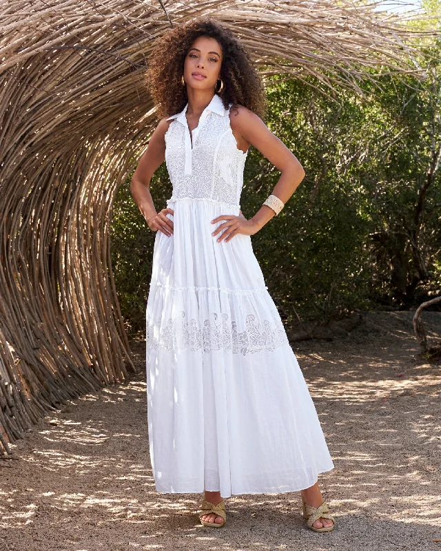 Lace Inset Tiered Ankle Length Cotton Dress Pure White