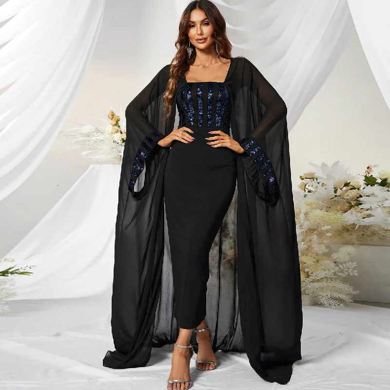 NiDELL Cross-Border Fashion New Long Dress Chiffon Patchwork Sequin Prom Evening Dress Mid-East Wind Dress-SSW3044-2