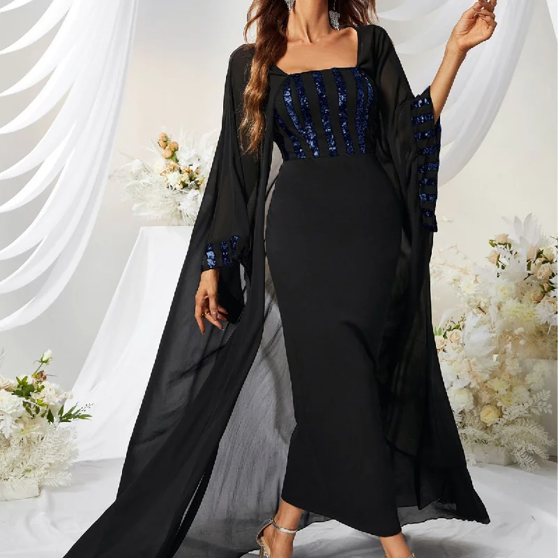 NiDELL Cross-Border Fashion New Long Dress Chiffon Patchwork Sequin Prom Evening Dress Mid-East Wind Dress-SSW3044-2