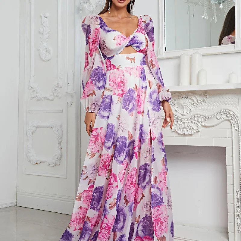 NiDELL New Floral Dress Chiffon Hollow Vacation Style Dress Lady Design Long Dress-Mgn677