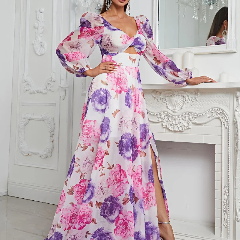 NiDELL New Floral Dress Chiffon Hollow Vacation Style Dress Lady Design Long Dress-Mgn677