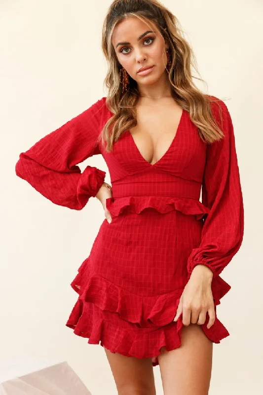 Queenie Long Balloon Sleeve Ruffle Trim Dress Wine