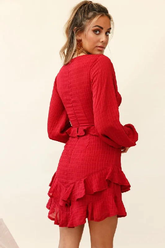 Queenie Long Balloon Sleeve Ruffle Trim Dress Wine