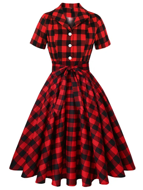 Red 1950s Plaid Bowknot Swing Dress