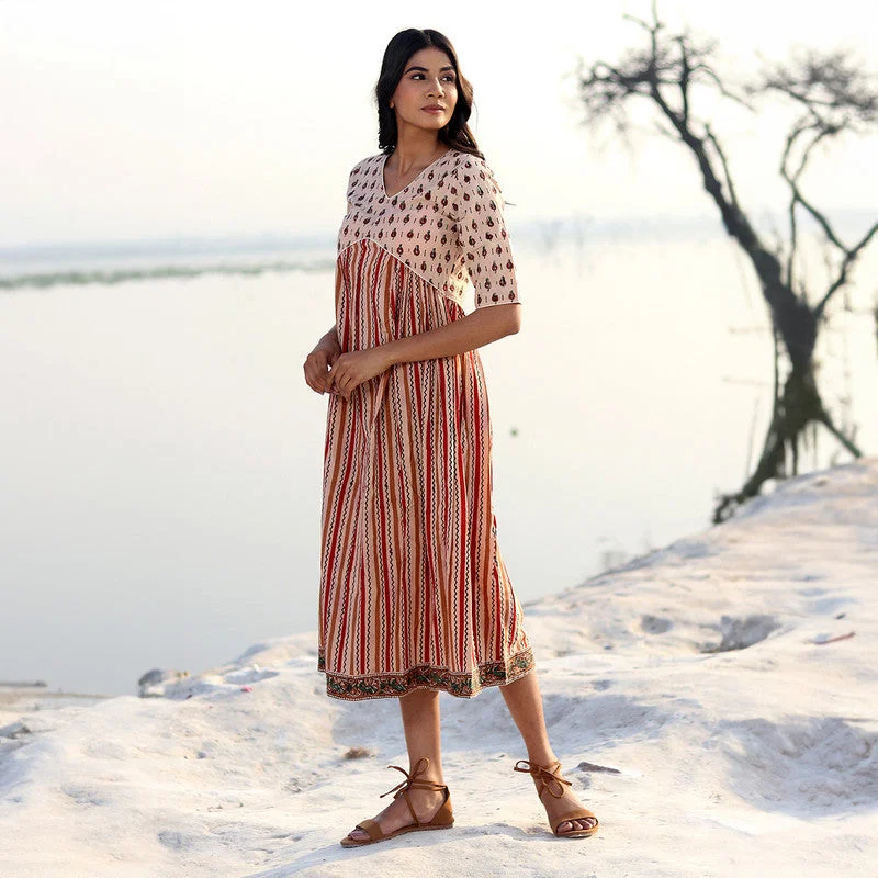 Cotton Maxi Dress | Handblock Printed | Half Sleeves | Ecru