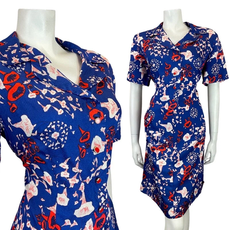 VINTAGE 60s 70s BLUE RED WHITE FLORAL PSYCHEDELIC GLITTERY MOD SHIRT DRESS 14 16