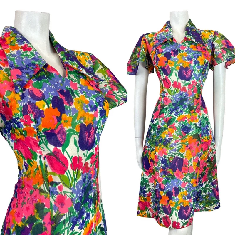 VINTAGE 60s 70s GREEN BLUE PINK PSYCHEDELIC TULIP FLOWER DAGGER DRESS 10 12